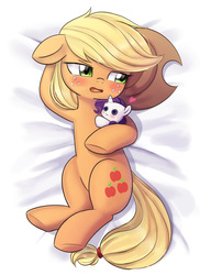 Size: 1000x1370 | Tagged: safe, artist:tcn1205, applejack, earth pony, pony, g4, blushing, body pillow, body pillow design, crush plush, cute, female, floating heart, heart, implied lesbian, implied rarijack, implied shipping, jackabetes, mare, plushie, solo