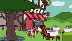 Size: 2439x1375 | Tagged: safe, artist:misskanabelle, oc, oc only, oc:carolina chai, oc:chocolat cerise, earth pony, pony, blind eye, bow, cafe, chair, chest fluff, coat markings, colored hooves, cup, duo, feathered fetlocks, female, floral head wreath, flower, freckles, hair bow, mare, offspring, outdoors, parent:big macintosh, parent:cherry jubilee, parent:fluttershy, parent:trouble shoes, parents:cherryshoes, parents:fluttermac, plate, sitting, socks (coat markings), table, tablecloth, teacup, tree, unshorn fetlocks, vase