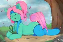 Size: 5400x3600 | Tagged: safe, artist:enryuuchan, oc, oc only, oc:💚, pony, chest fluff, clothes, commission, eating, eyes closed, grass, grazing, headband, herbivore, horses doing horse things, outdoors, ponytail, scarf, signature, socks, solo, stockings, thigh highs, tongue out
