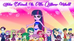 Size: 2048x1140 | Tagged: safe, editor:huntercwalls, dean cadance, flash sentry, gloriosa daisy, indigo zap, juniper montage, lemon zest, lily pad (g4), princess cadance, principal abacus cinch, sour sweet, sugarcoat, sunny flare, timber spruce, twilight sparkle, wallflower blush, water lily (g4), fanfic:new friends in the mirror world, best trends forever, equestria girls, equestria girls specials, g4, my little pony equestria girls, my little pony equestria girls: better together, my little pony equestria girls: forgotten friendship, my little pony equestria girls: friendship games, my little pony equestria girls: legend of everfree, my little pony equestria girls: mirror magic, background human, beach, bikini, camp everfree outfits, clothes, crystal prep academy uniform, fanfic, fanfic art, fanfic cover, hug, school uniform, sunset, swimsuit