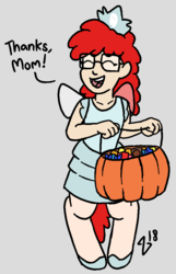 Size: 673x1044 | Tagged: safe, artist:heretichesh, oc, oc only, oc:candy, earth pony, pony, satyr, clothes, costume, female, halloween, halloween costume, offspring, parent:twist, pumpkin bucket, simple background, solo, speech