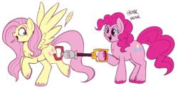 Size: 1200x595 | Tagged: safe, artist:lulubell, fluttershy, pinkie pie, earth pony, pegasus, pony, g4, butt grab, butt touch, colored hooves, cute, duo, eep, feather, female, grabbing, grope, honk honk, hoof hold, looking back, mare, mechanical claw, molestation, open mouth, personal space invasion, raised hoof, raised leg, simple background, smiling, spread wings, surprised, toy, transparent background, unshorn fetlocks, wide eyes, wings