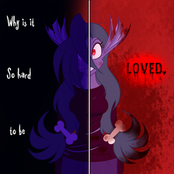 Size: 900x900 | Tagged: dead source, safe, artist:wubcakeva, oc, oc only, oc:mercy, siren, two sided posters, equestria girls, g4, blood, clothes, dark background, edgy, female, hair over one eye, red eyes, solo, text