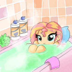 Size: 1280x1280 | Tagged: safe, artist:tjpones, sunset shimmer, equestria girls, g4, bath, bathing, bathtub, cute, female, implied nudity, knees, knees pressed together, mane 'n tail, relaxing, shampoo, shimmerbetes, smiling, solo, water