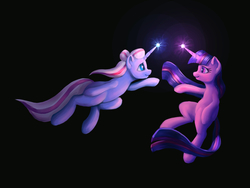 Size: 1600x1200 | Tagged: safe, artist:stratodraw, twilight sparkle, oc, pony, unicorn, g4, black background, female, glowing horn, horn, looking at each other, mare, simple background, smiling