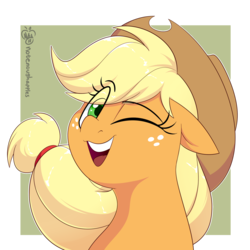 Size: 1600x1600 | Tagged: safe, artist:notenoughapples, applejack, pony, g4, bust, clothes, cowboy hat, cute, eye clipping through hair, female, floppy ears, green background, hat, jackabetes, looking at you, mare, one eye closed, simple background, smiling, solo, wink