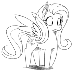 Size: 746x731 | Tagged: dead source, safe, artist:reiduran, fluttershy, pegasus, pony, g4, ear fluff, female, lineart, looking at something, mare, monochrome, simple background, sketch, solo, spread wings, standing, three quarter view, white background, wings