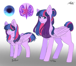 Size: 888x774 | Tagged: safe, artist:malinraf1615, oc, oc only, oc:diamond wings, pegasus, pony, age progression, chest fluff, female, filly, gradient background, hair bun, mare, obtrusive watermark, offspring, parent:flash sentry, parent:twilight sparkle, parents:flashlight, reference sheet, solo, tail bun, watermark