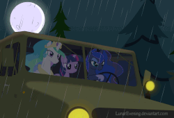 Size: 1200x814 | Tagged: safe, artist:lunarevening, princess celestia, princess luna, twilight sparkle, alicorn, pony, g4, 2016, animated, blinking, car, driving, female, forest, frown, gif, headlights, i can't believe it's not hasbro studios, loop, moon, night, outdoors, rain, russia, tree, twilight sparkle (alicorn), uaz, uaz-469