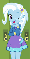 Size: 433x848 | Tagged: safe, screencap, trixie, equestria girls, equestria girls series, forgotten friendship, g4, barrette, canterlot high, clothes, cropped, cute, cutie mark on clothes, diatrixes, dress, female, great and powerful, hairclip, hairpin, hallway, hand, hoodie, lockers, looking at you, one eye closed, one eye open, pose, solo, standing, wink