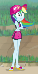 Size: 400x774 | Tagged: safe, screencap, rainbow dash, equestria girls, equestria girls specials, g4, my little pony equestria girls: better together, my little pony equestria girls: forgotten friendship, beach, bikini, bikini top, cap, clothes, cropped, crossed arms, cute, dashabetes, feet, female, flip-flops, geode of super speed, hat, magical geodes, midriff, rainbow dash's beach shorts swimsuit, sandals, shorts, sleeveless, solo, swimming trunks, swimsuit, tankini, wind blowing, windswept mane