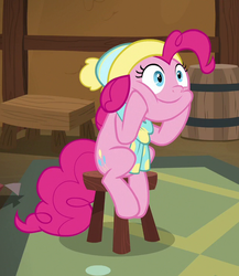 Size: 623x718 | Tagged: safe, screencap, pinkie pie, earth pony, pony, g4, my little pony best gift ever, clothes, cropped, cute, diapinkes, female, hat, mare, scarf, sitting, solo, squishy cheeks, winter outfit