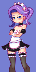 Size: 447x878 | Tagged: safe, artist:drantyno, diamond tiara, human, g4, angry, blushing, choker, clothes, female, hairband, humanized, karma, looking at you, maid, miniskirt, moe, pigtails, purple background, simple background, skirt, socks, solo, thigh highs