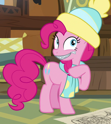 Size: 629x705 | Tagged: safe, screencap, pinkie pie, earth pony, pony, best gift ever, g4, clothes, creepy, cropped, female, hat, looking at you, mare, pinkie being pinkie, scarf, smiling, solo, toque, wat, wide eyes, winter outfit, zipper, zippermouth
