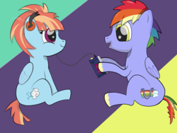 Size: 1350x1013 | Tagged: safe, artist:augjodo, bow hothoof, windy whistles, g4, backwards cutie mark, colored, couple, digital art, duo, headphones, music notes, rainbow dash's parents, sitting, technology