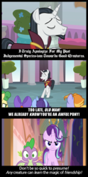 Size: 1000x2024 | Tagged: safe, edit, edited screencap, screencap, chancellor neighsay, spike, starlight glimmer, pony, unicorn, a matter of principals, g4, school raze, angry, background pony, banner, comic, eyes closed, forgiveness, friendship, frown, plant, potted plant, sad, school of friendship, screencap comic, shocked, smiling, smirk, student, text