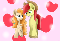 Size: 1024x696 | Tagged: safe, artist:enviaart, bright mac, pear butter, earth pony, pony, g4, abstract background, female, heart, male, ship:brightbutter, shipping, straight