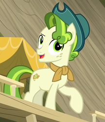 Size: 468x542 | Tagged: safe, screencap, pistachio, earth pony, pony, g4, my little pony best gift ever, cropped, cute, hat, male, pistachiaww, smiling, solo, stallion