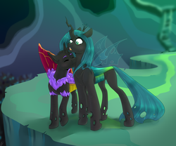 Size: 3000x2500 | Tagged: safe, artist:tigra0118, queen chrysalis, oc, oc:rhipheus, changeling, changeling queen, g4, canon x oc, changeling oc, female, fluffy changeling, high res, shipping
