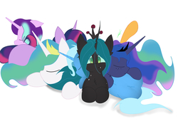 Size: 3035x2150 | Tagged: safe, artist:groomlake, applejack, princess celestia, princess luna, queen chrysalis, starlight glimmer, trixie, twilight sparkle, changeling, changeling queen, pony, g4, colored, crown, female, high res, hug, jewelry, mare, pony pile, regalia, relaxing, silly, simple background, sleeping, snuggling, spots, white background