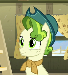 Size: 469x516 | Tagged: safe, screencap, pistachio, earth pony, pony, g4, my little pony best gift ever, my little pony: friendship is magic, cropped, hat, male, smiling, solo, stallion