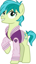 Size: 3000x5307 | Tagged: safe, artist:cloudy glow, sandbar, earth pony, pony, g4, school daze, clothes, jacket, looking at you, male, simple background, smiling, solo, stallion, teenager, transparent background, varsity jacket, vector