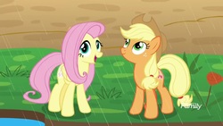 Size: 1920x1080 | Tagged: safe, screencap, applejack, fluttershy, earth pony, pegasus, pony, sounds of silence, duo, female, mare