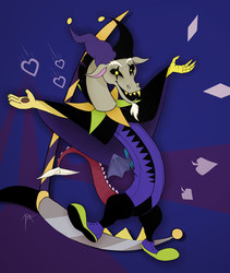 Size: 1600x1900 | Tagged: safe, artist:zetamad, discord, draconequus, g4, spoiler:deltarune, abstract background, black sclera, clothes, crossover, deltarune, glowing eyes, jester, jestercord, jevil, male, scythe, simple background, solo