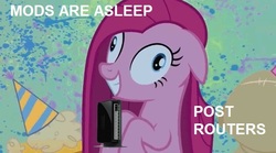 Size: 638x354 | Tagged: safe, edit, edited screencap, screencap, madame leflour, pinkie pie, sir lintsalot, g4, party of one, contemplating insanity, derp, meta, mods are asleep, pinkamena diane pie, router