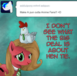 Size: 813x800 | Tagged: safe, artist:hewison, oc, oc only, oc:pun, bird, chicken, earth pony, pony, ask pun, ask, female, hentai, mare, necktie, pun, solo