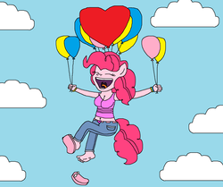Size: 1672x1396 | Tagged: safe, anonymous artist, pinkie pie, earth pony, anthro, g4, balloon, barefoot, breasts, busty pinkie pie, clothes, cloud, cute, eyes closed, feet, female, flip-flops, floating, happy, jeans, one shoe off, open mouth, pants, sandals, sky, soles, solo, tank top, then watch her balloons lift her up to the sky, toes