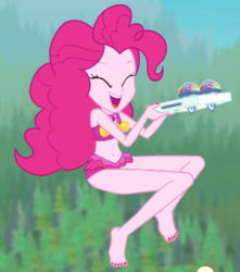 Size: 765x865 | Tagged: safe, edit, edited screencap, editor:logan jones, screencap, pinkie pie, equestria girls, g4, my little pony equestria girls: better together, too hot to handle, adorasexy, barefoot, belly, belly button, clothes, cropped, cute, diapinkes, eyes closed, feet, female, happy, midriff, nail polish, open mouth, sexy, shaved ice, skirt, snow cone, solo, swimsuit, swimsuit edit, toes