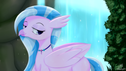 Size: 3840x2160 | Tagged: safe, artist:dashy21, silverstream, classical hippogriff, hippogriff, g4, female, high res, jewelry, lidded eyes, necklace, solo, tree, waterfall, wet hair, wet mane