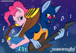 Size: 800x566 | Tagged: safe, artist:jcosneverexisted, pinkie pie, oc, oc:bluecoffeedog, wolf, anthro, g4, clothes, doodle, female, guitar, male, music, one eye closed, patreon, yovidaphone