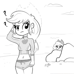 Size: 1280x1280 | Tagged: safe, artist:tjpones, applejack, pear butter, equestria girls, equestria girls specials, g4, my little pony equestria girls: better together, my little pony equestria girls: forgotten friendship, black and white, breasts, clothes, cute, female, grayscale, jackabetes, monochrome, mother and daughter, pearabetes, swimsuit, time paradox
