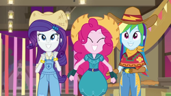 Size: 1280x720 | Tagged: safe, screencap, pinkie pie, rainbow dash, rarity, equestria girls, five to nine, g4, my little pony equestria girls: better together, cowgirl, cowgirl outfit, farmer pinkie, female, rarihick, trio, trio female