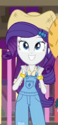 Size: 328x708 | Tagged: safe, screencap, rarity, equestria girls, equestria girls series, five to nine, g4, animated, bracelet, clothes, cowboy hat, cowgirl, cropped, cute, dancing, dancity, female, gif, hat, jewelry, overalls, rarara, raribetes, rarihick, smiling, solo, stetson