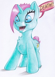 Size: 3216x4496 | Tagged: safe, artist:stallionslaughter, oc, oc only, oc:peppermint flitter, pony, colored pencil drawing, solo, suggestive description, traditional art