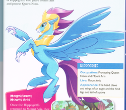 Size: 1947x1704 | Tagged: safe, stratus skyranger, classical hippogriff, hippogriff, g4, my little pony: character guide, my little pony: the movie, official, armor, chestplate, flying, helmet, hoof fluff, male, scan, scanned, solo, spread wings, wings