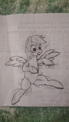 Size: 2368x4208 | Tagged: safe, artist:twinblade edge, rainbow dash, pony, g4, female, looking at you, monochrome, on back, open mouth, solo, spread legs, spread wings, spreading, traditional art, wings