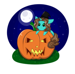 Size: 4049x4000 | Tagged: safe, artist:mimihappy99, oc, oc only, oc:shimmer seadrift, pony, unicorn, chibi, commission, female, full moon, halloween, hat, heart eyes, holiday, jack-o-lantern, mare, moon, night, pumpkin, simple background, solo, transparent background, wingding eyes, witch hat, ych result