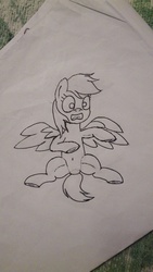 Size: 2368x4208 | Tagged: safe, artist:twinblade edge, rainbow dash, pony, g4, female, frightened, gritted teeth, looking at you, monochrome, on back, solo, spread legs, spread wings, spreading, traditional art, wings