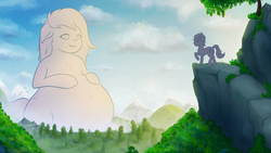 Size: 2880x1620 | Tagged: safe, artist:foxyghost, pony, belly, belly button, cloud, commission, fat, female, fetish, forest, giant pony, macro, male, mountain, rock, small pony, tree, your character here