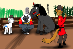 Size: 1500x1000 | Tagged: safe, artist:horsesplease, capper dapperpaws, double diamond, king sombra, abyssinian, storm creature, anthro, g4, my little pony: the movie, behaving like a dog, clothes, coat, cowering, cp granary, farm, heavy weapons guy, helmet, male, meet the soldier, paint tool sai, panting, scared, soldier, soldier (tf2), sombra dog, storm guard, team fortress 2, unamused, year of the dog