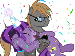 Size: 1152x858 | Tagged: safe, artist:theeditormlp, oc, oc only, oc:prophetic prose, oc:the editor, earth pony, pony, female, glasses, hat, male, mare, party hat, simple background, stallion, transparent background