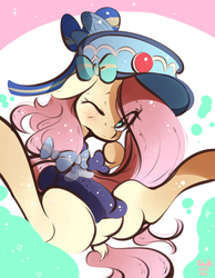 Size: 700x900 | Tagged: safe, artist:tohupo, fluttershy, pegasus, pony, g4, bow, female, hat, mare, one eye closed, solo, spread legs, spreading