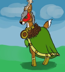 Size: 1092x1212 | Tagged: safe, artist:crainn, oc, oc only, deer, antlers, barrel, cape, clothes, collar, digital art, helmet, solo