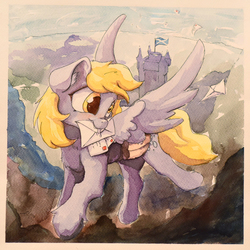 Size: 3725x3725 | Tagged: safe, artist:ruby, derpy hooves, pegasus, pony, g4, castle, female, flying, high res, letter, mail, mailmare, mare, mouth hold, scotland, solo, traditional art