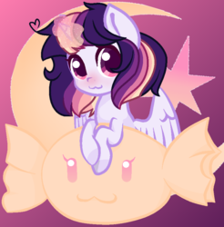 Size: 830x844 | Tagged: safe, artist:leanne264, oc, oc only, oc:celestial moon, alicorn, pony, alicorn oc, candy, chibi, crescent moon, cutie mark background, female, food, magical lesbian spawn, mare, moon, offspring, parent:rainbow dash, parent:twilight sparkle, parents:twidash, solo