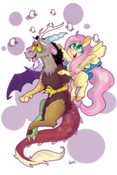Size: 1024x1526 | Tagged: safe, artist:opossum-stuff, discord, fluttershy, butterfly, draconequus, pegasus, pony, g4, abstract background, chest fluff, colored hooves, female, looking at something, looking up, male, mare, missing cutie mark, open mouth, pointing, ship:discoshy, shipping, smiling, spread wings, straight, wings
